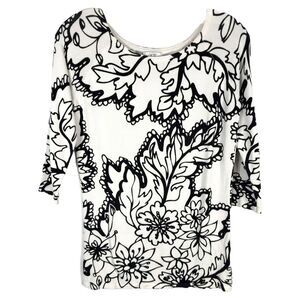 Cache Small‎ Top Knit Black White Floral Outline Half Sleeve Sweater Stretch 996